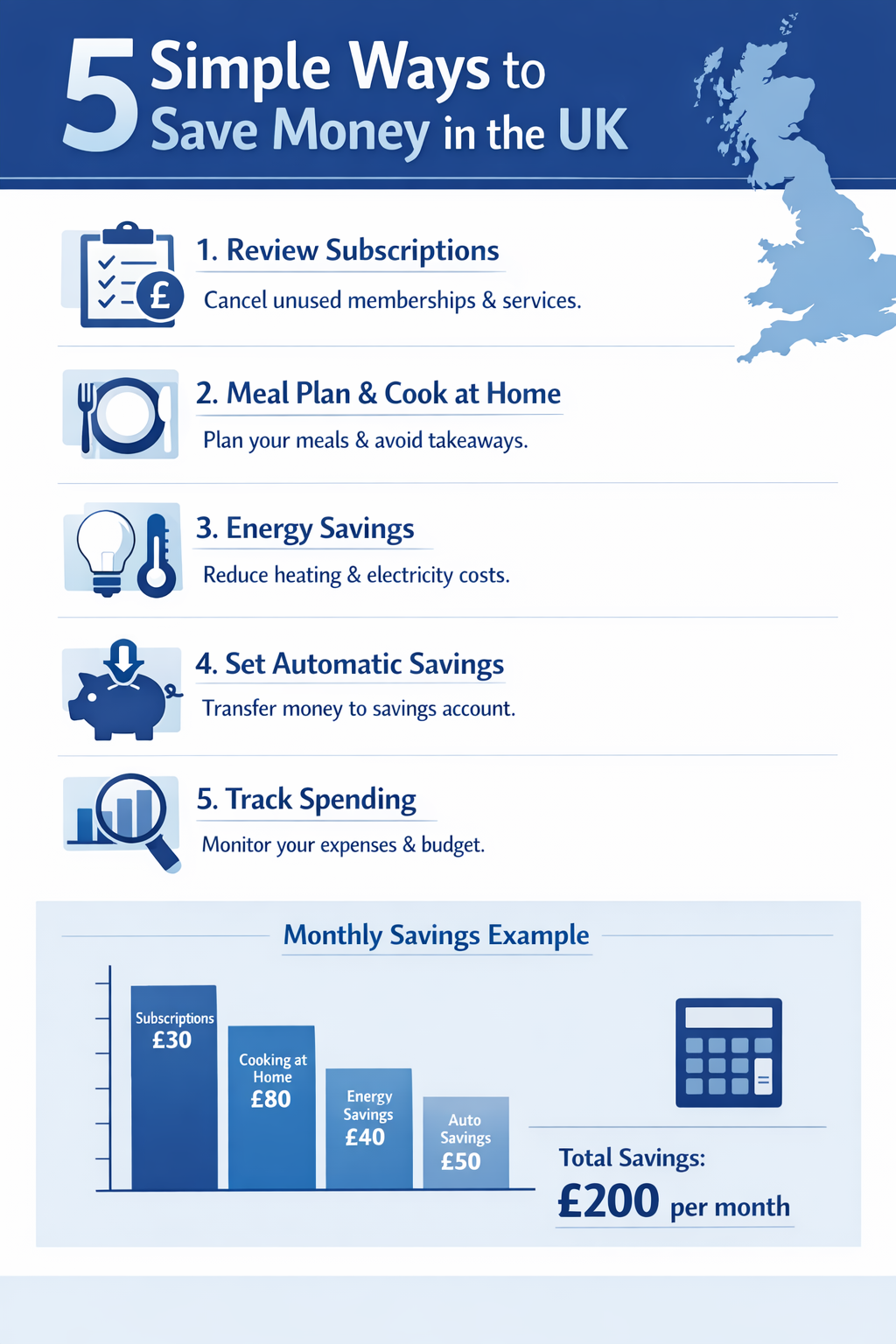 Infographic summarizing key points from the article 5 Simple Ways To Save Money UK | BudgetSense.co.uk