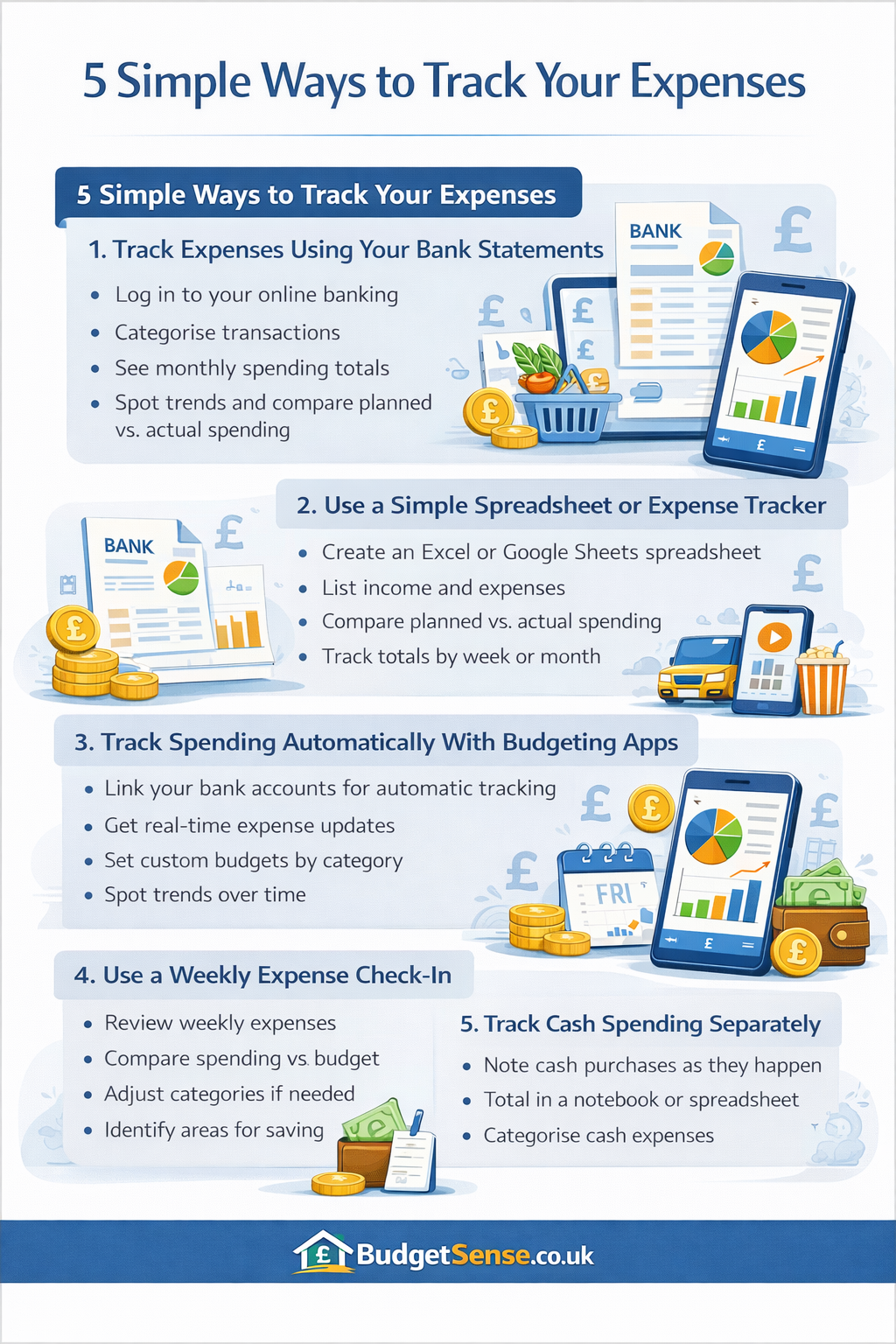 Infographic summarizing key points from the article 5 Simple Ways to Track Your Expenses | BudgetSense.co.uk