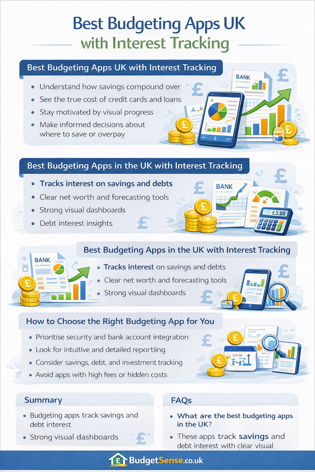 Infographic summarizing key points from the article Best Budgeting Apps UK with Interest Tracking | BudgetSense.co.uk
