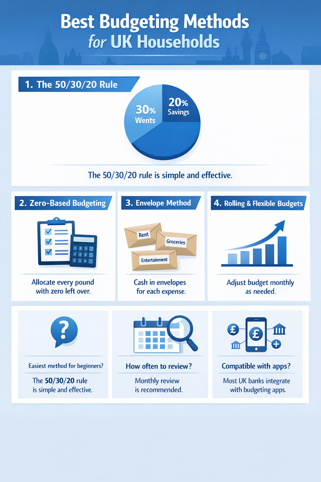 Infographic summarizing key points from the article Best Budgeting Methods For UK Households | BudgetSense.co.uk