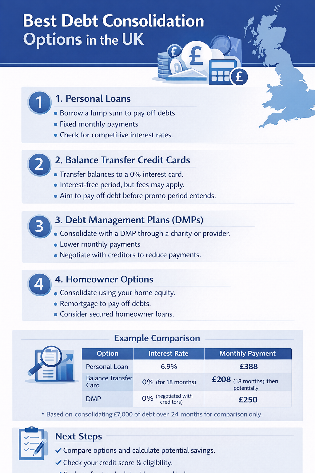 Infographic summarizing key points from the article Best Debt Consolidation Options UK | BudgetSense.co.uk