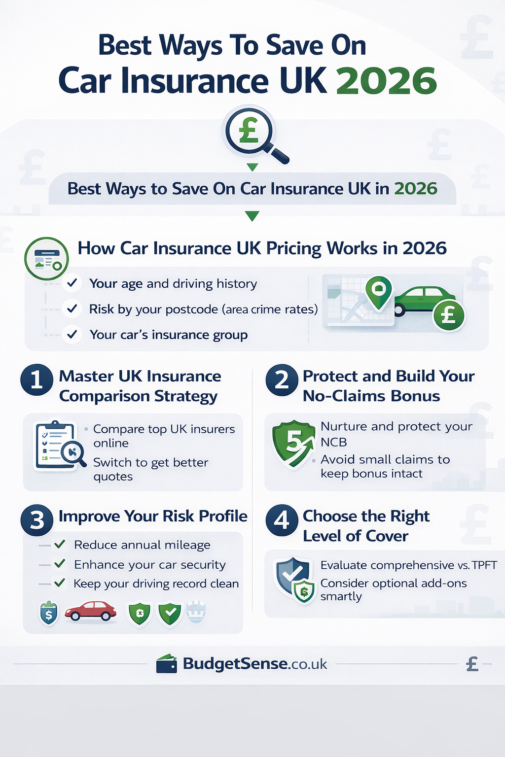 Infographic summarizing key points from the article 10 Best Ways to Save on Car Insurance UK (2026) | BudgetSense