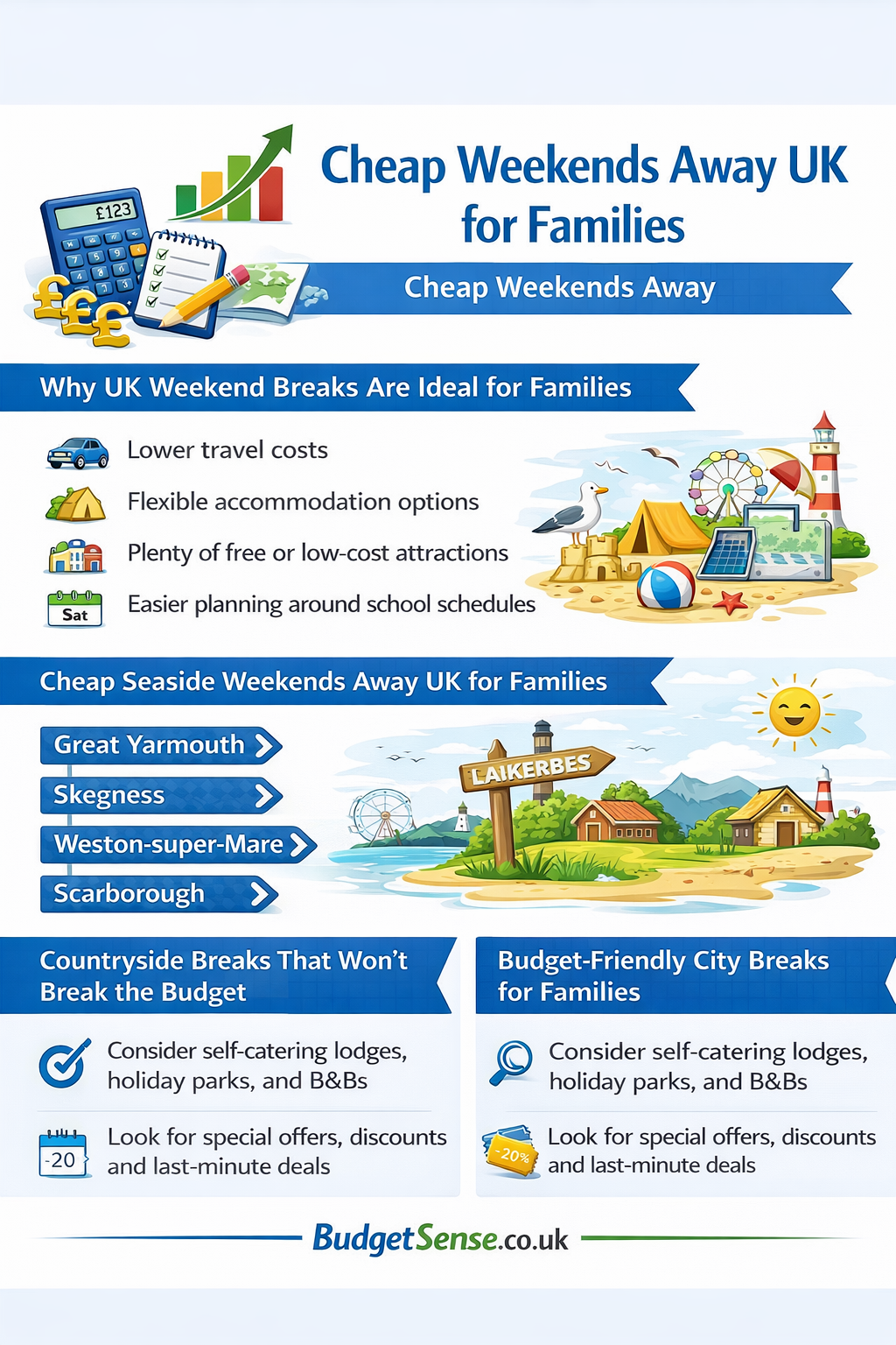 Infographic summarizing key points from the article Cheap Weekends Away UK for Families | BudgetSense.co.uk
