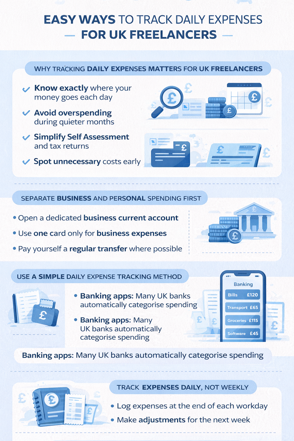Infographic summarizing key points from the article Track Daily Expenses UK Freelancers | BudgetSense.co.uk