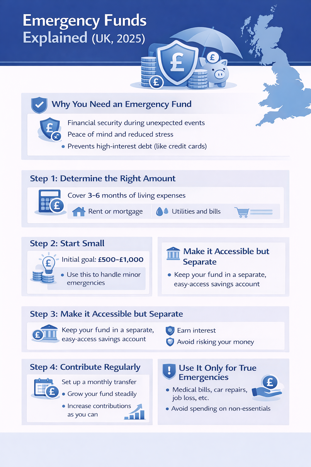 Infographic summarizing key points from the article Emergency Funds Explained UK | BudgetSense.co.uk