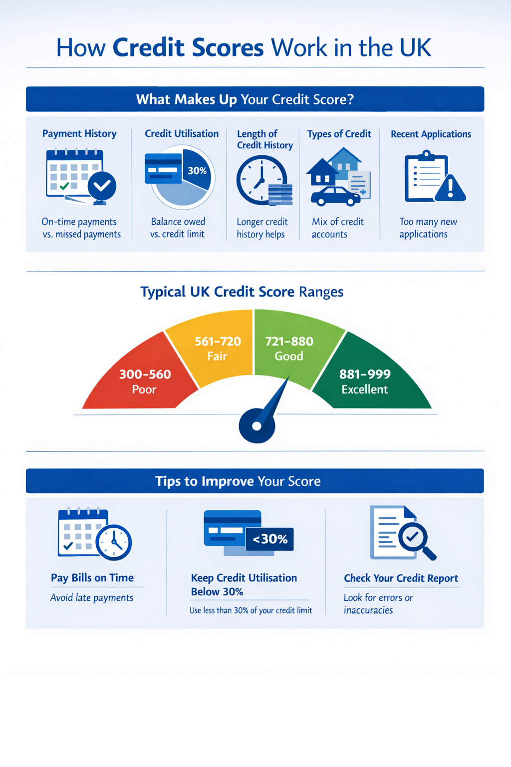 Infographic summarizing key points from the article How Credit Scores Work UK | BudgetSense.co.uk