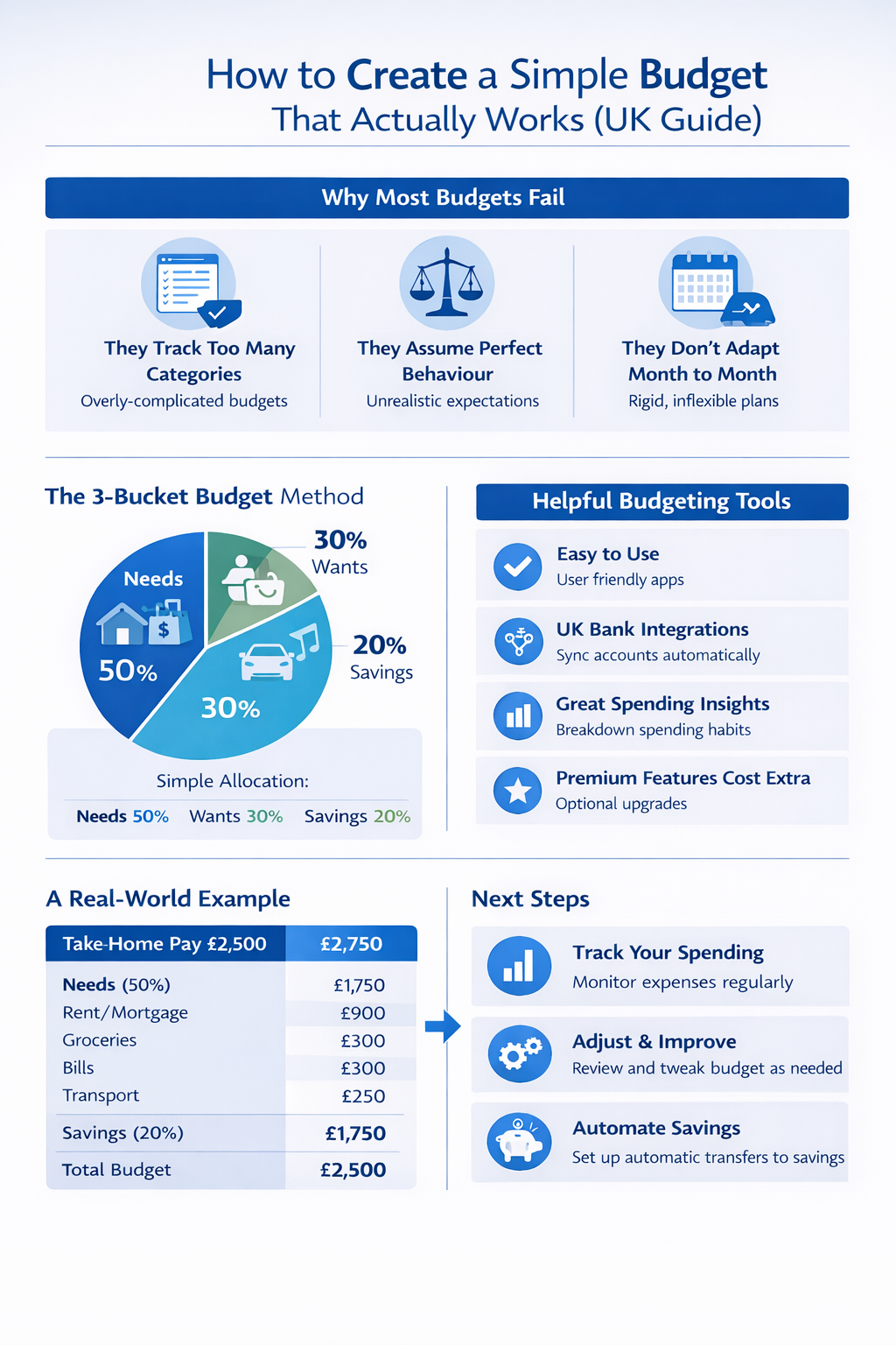 Infographic summarizing key points from the article How To Create A Simple Budget That Actually Works UK