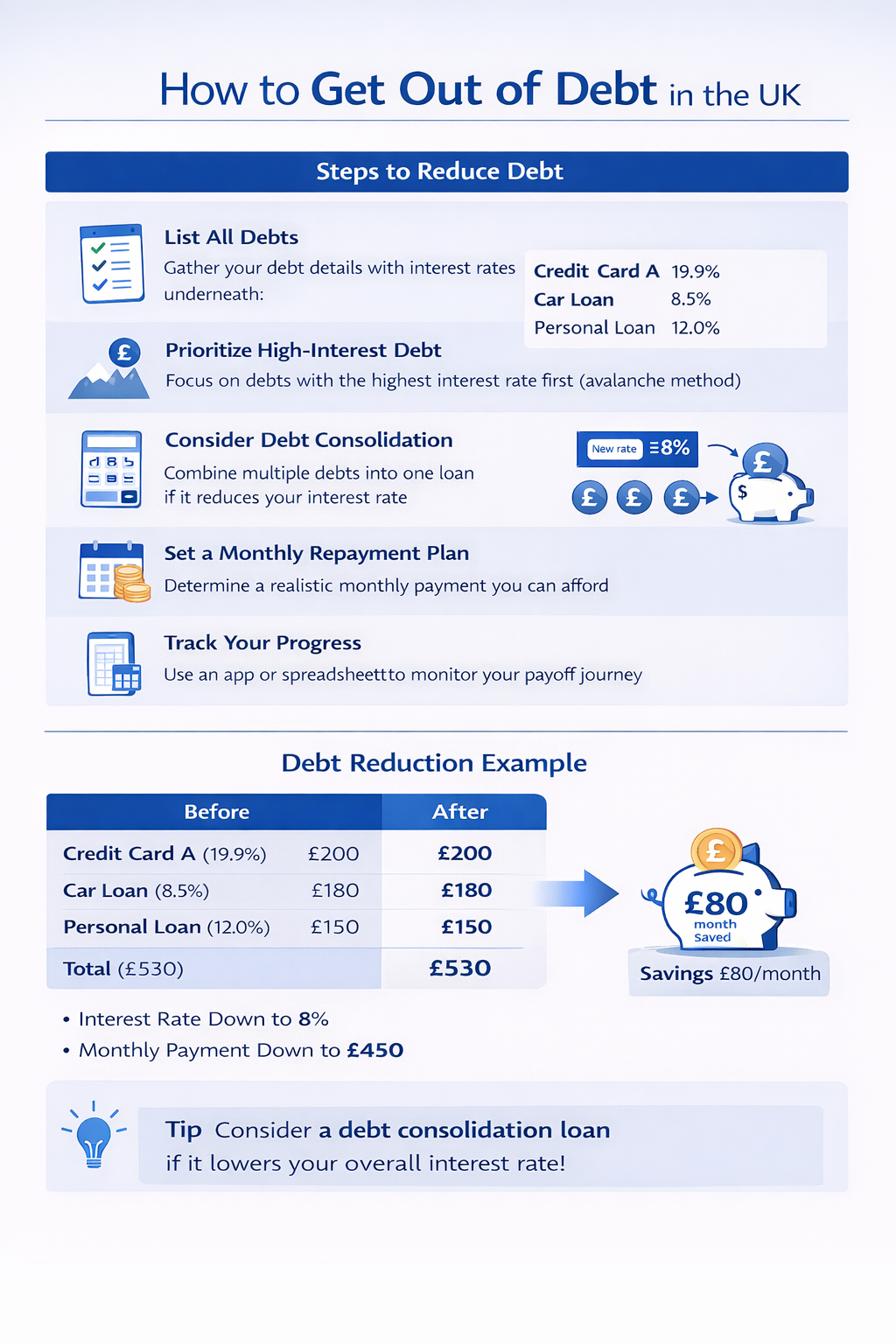 Infographic summarizing key points from the article How To Get Out Of Debt UK | BudgetSense.co.uk