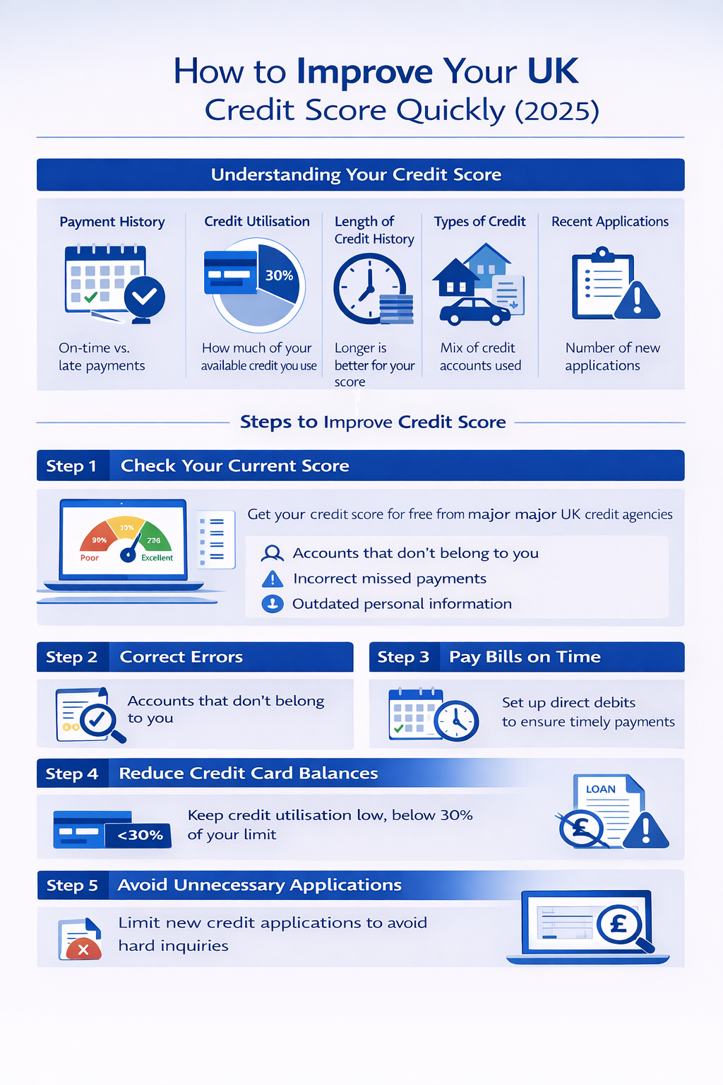 Infographic summarizing key points from the article How To Improve Your UK Credit Score Quickly