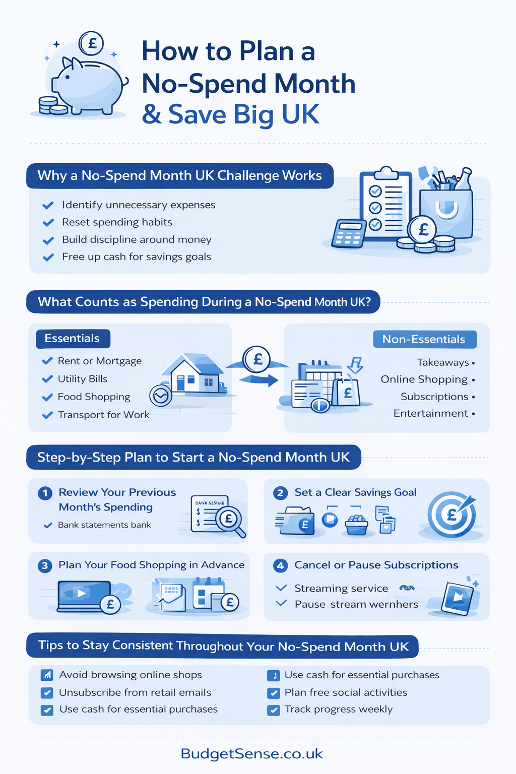 Infographic summarizing key points from the article How to Plan a No-Spend Month in the UK | BudgetSense