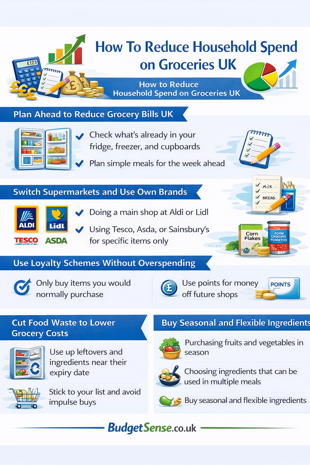 Infographic summarizing key points from the article Reduce Grocery Spend UK | BudgetSense.co.uk