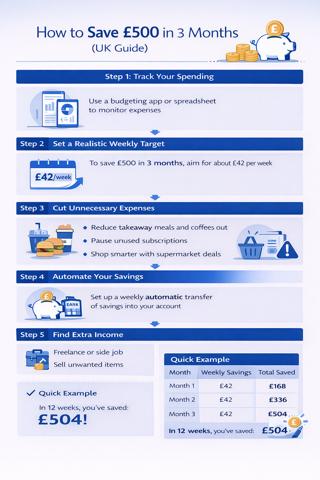 Infographic summarizing key points from the article How To Save 500 In 3 Months UK | BudgetSense.co.uk