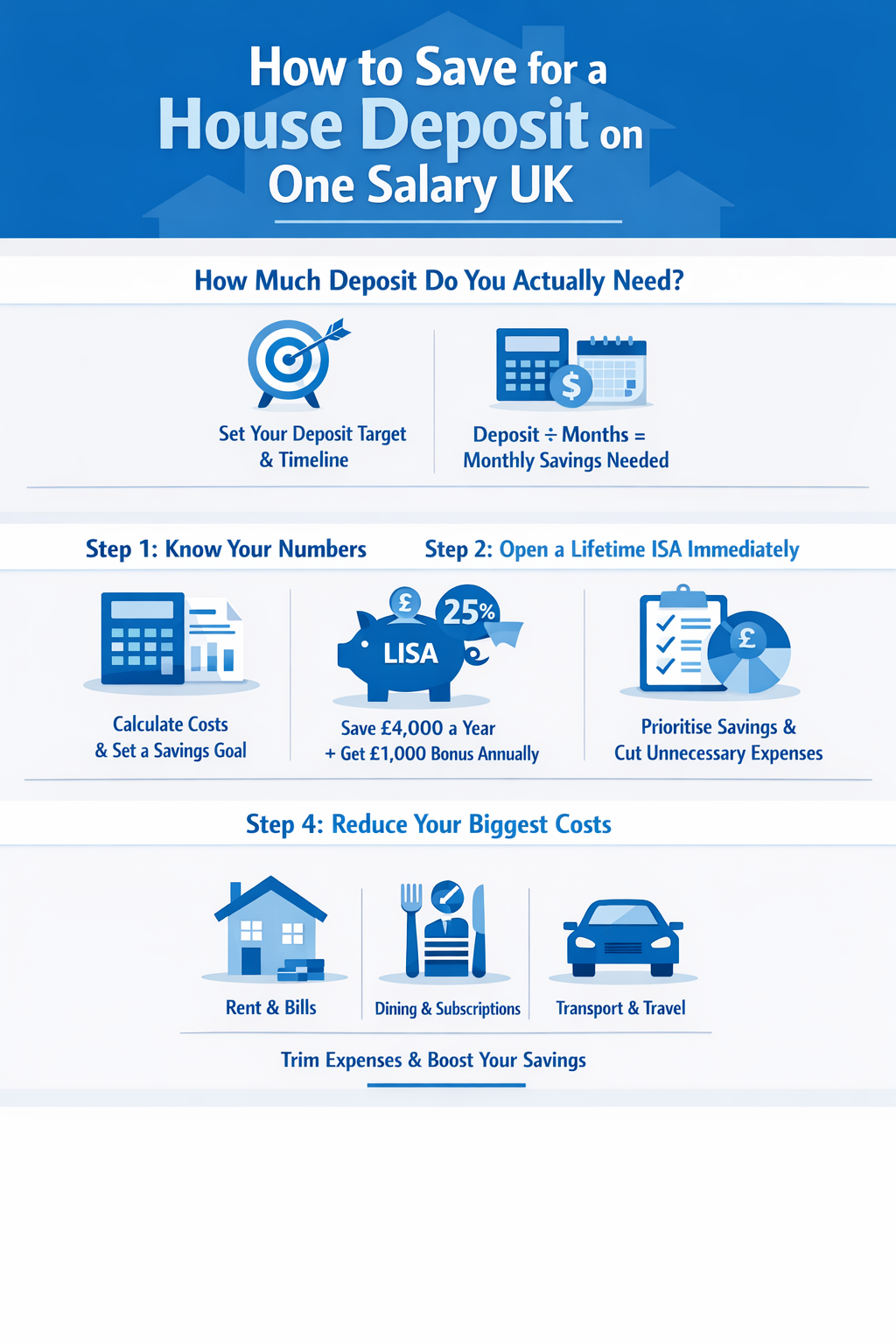 Infographic summarizing key points from the article Save for a House Deposit on One Salary UK | BudgetSense