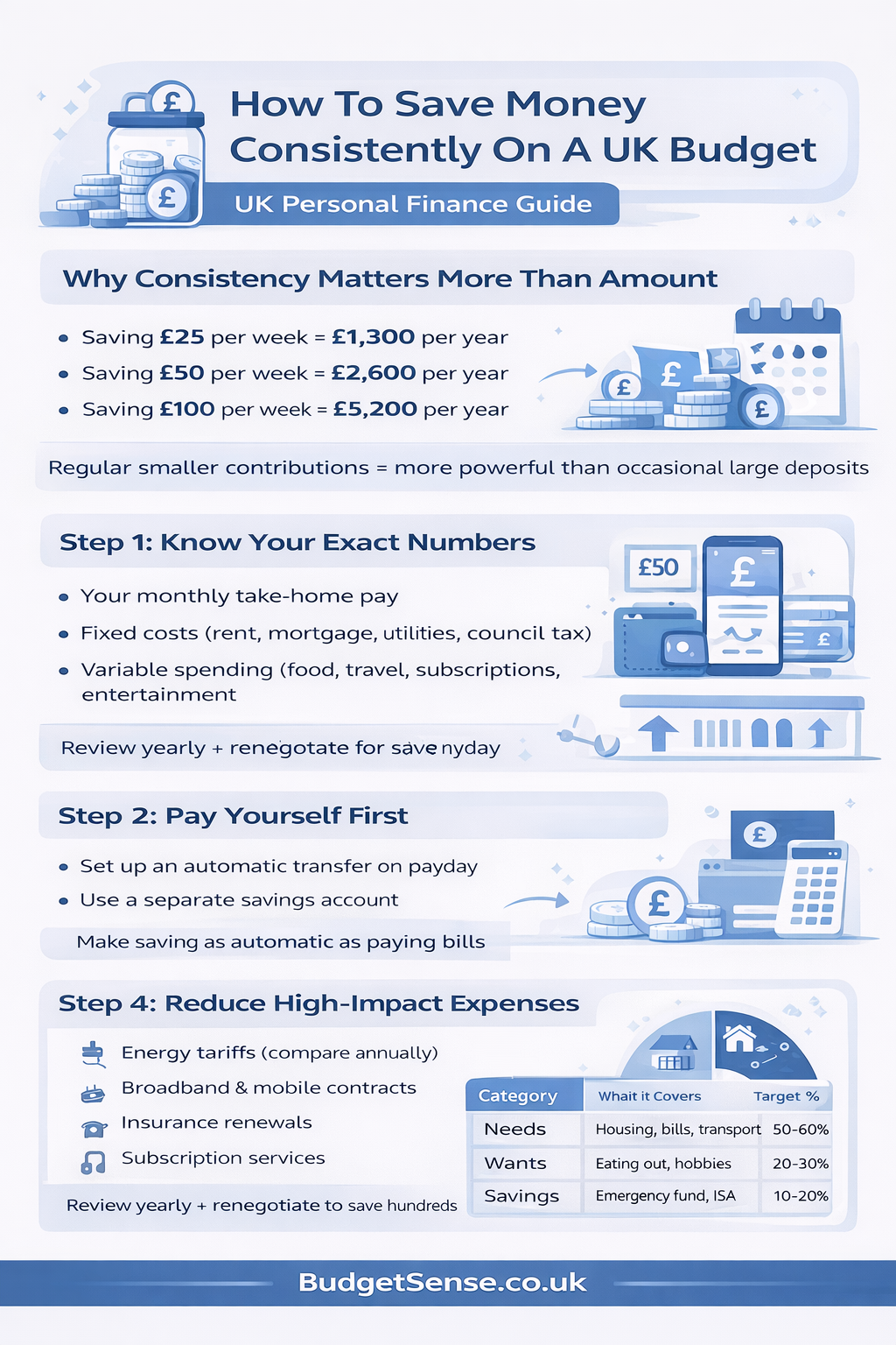 Infographic summarizing key points from the article How To Save Money Consistently On A UK Budget | BudgetSense.co.uk