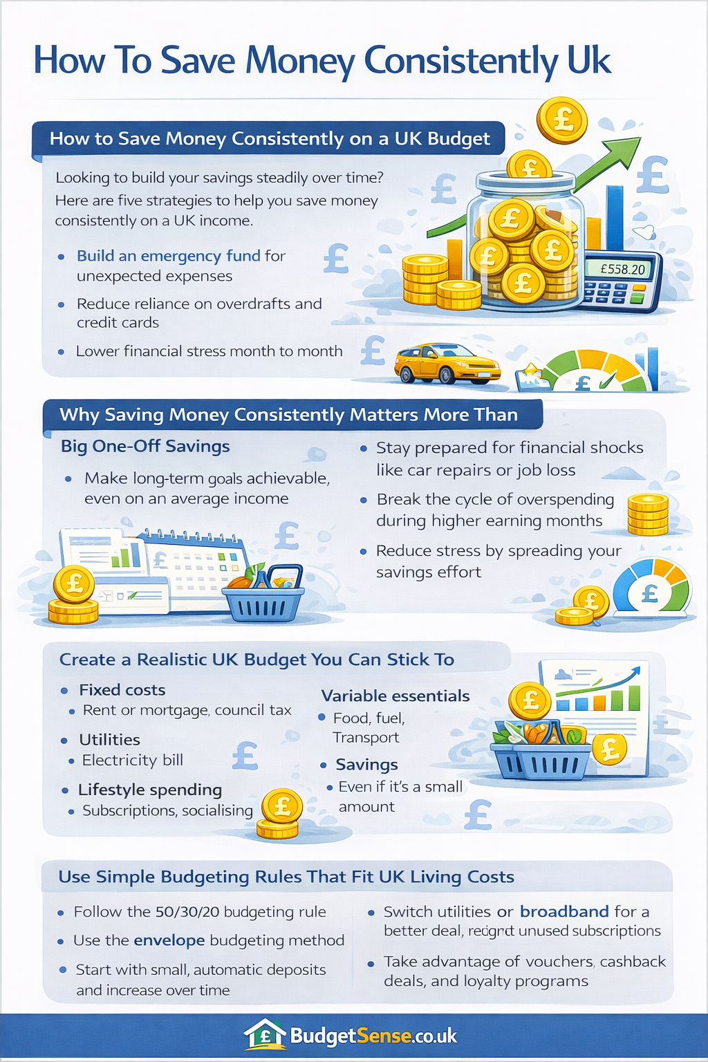Infographic summarizing key points from the article Save Money Consistently UK Budget Guide | BudgetSense.co.uk