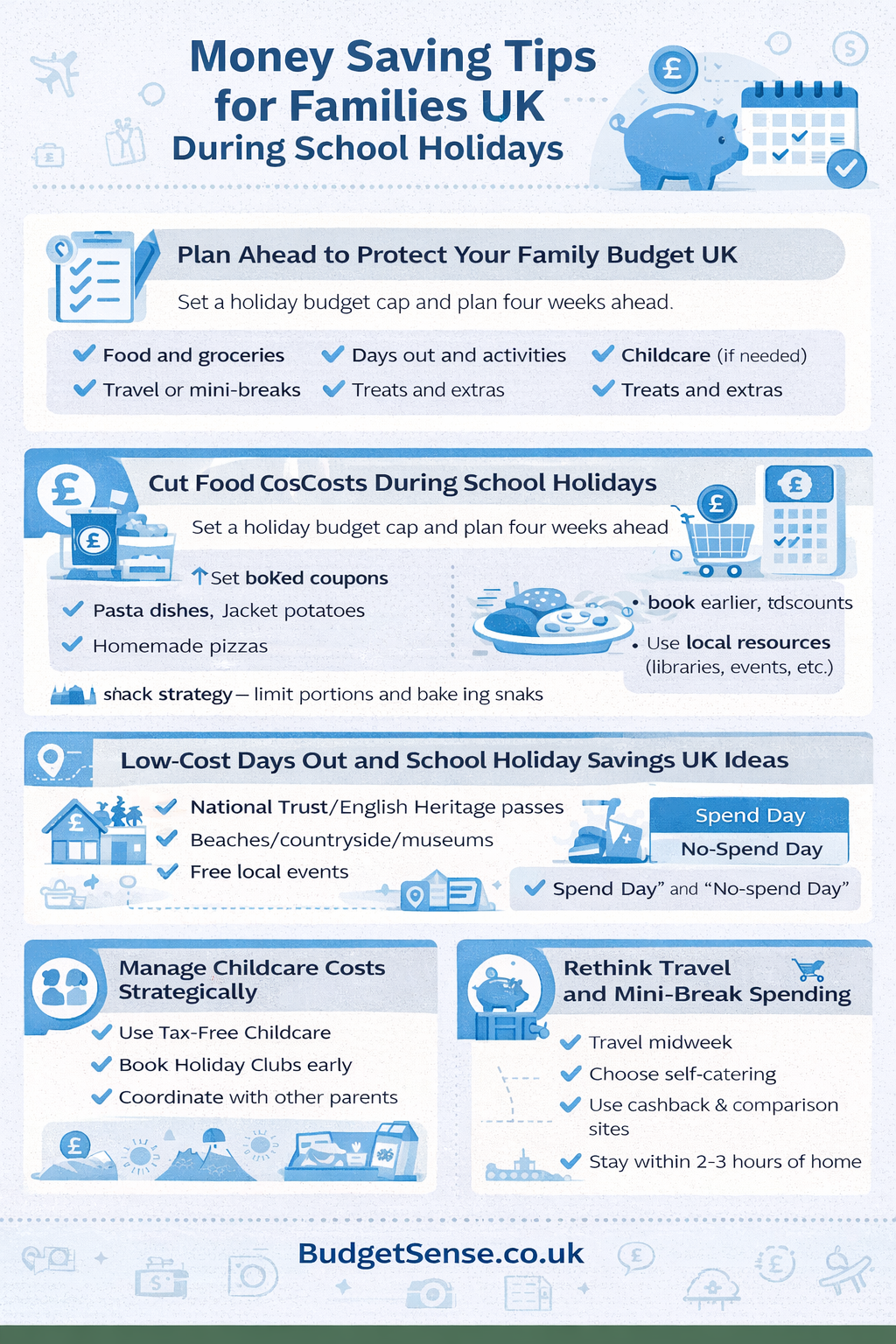 Infographic summarizing key points from the article Money Saving Tips for UK Families During School Holidays | BudgetSense