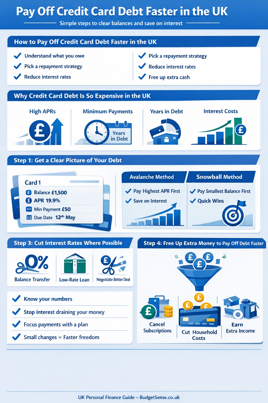Infographic summarizing key points from the article Pay Off Credit Card Debt Faster UK | BudgetSense.co.uk