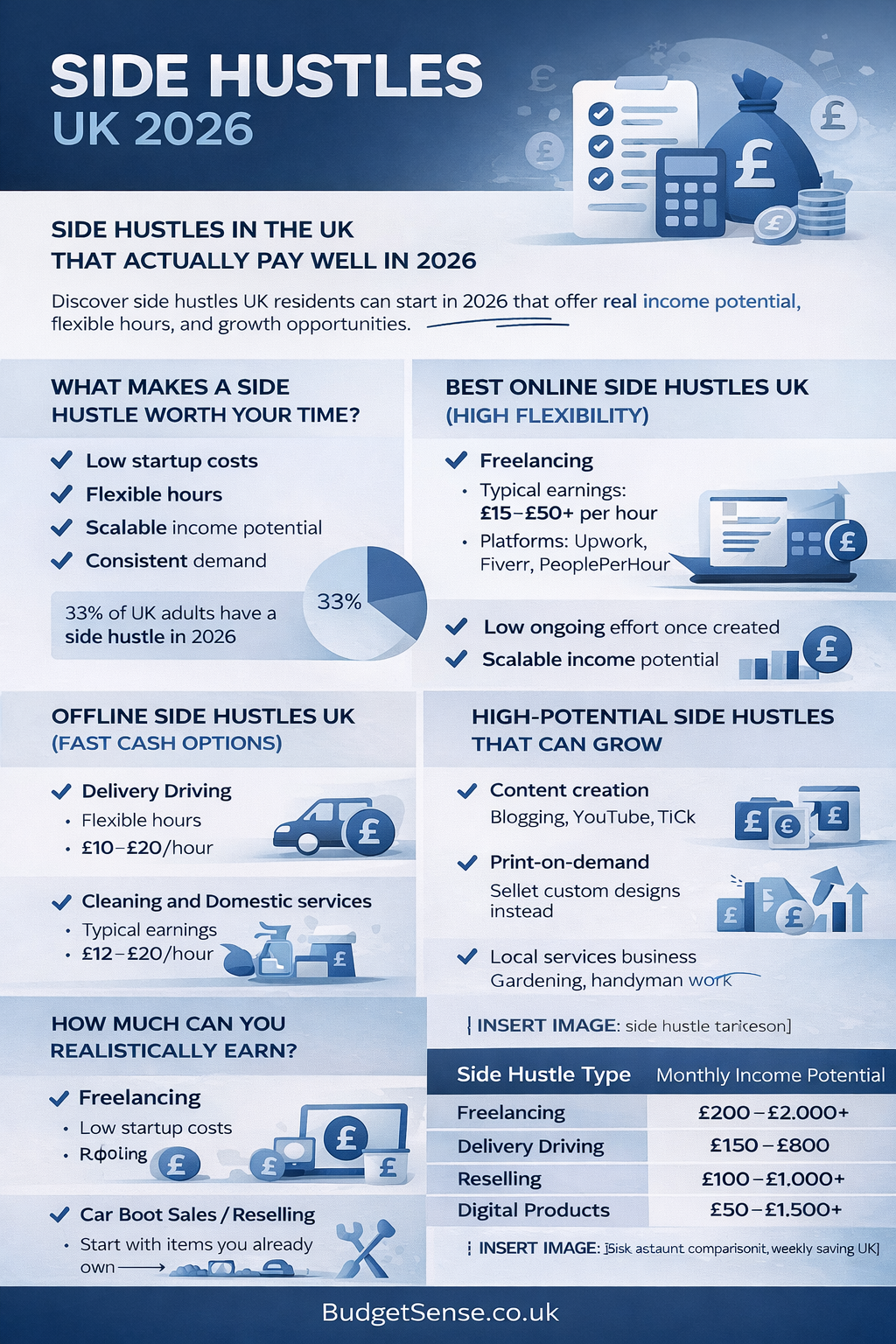Infographic summarizing key points from the article Best Side Hustles UK 2026 | BudgetSense