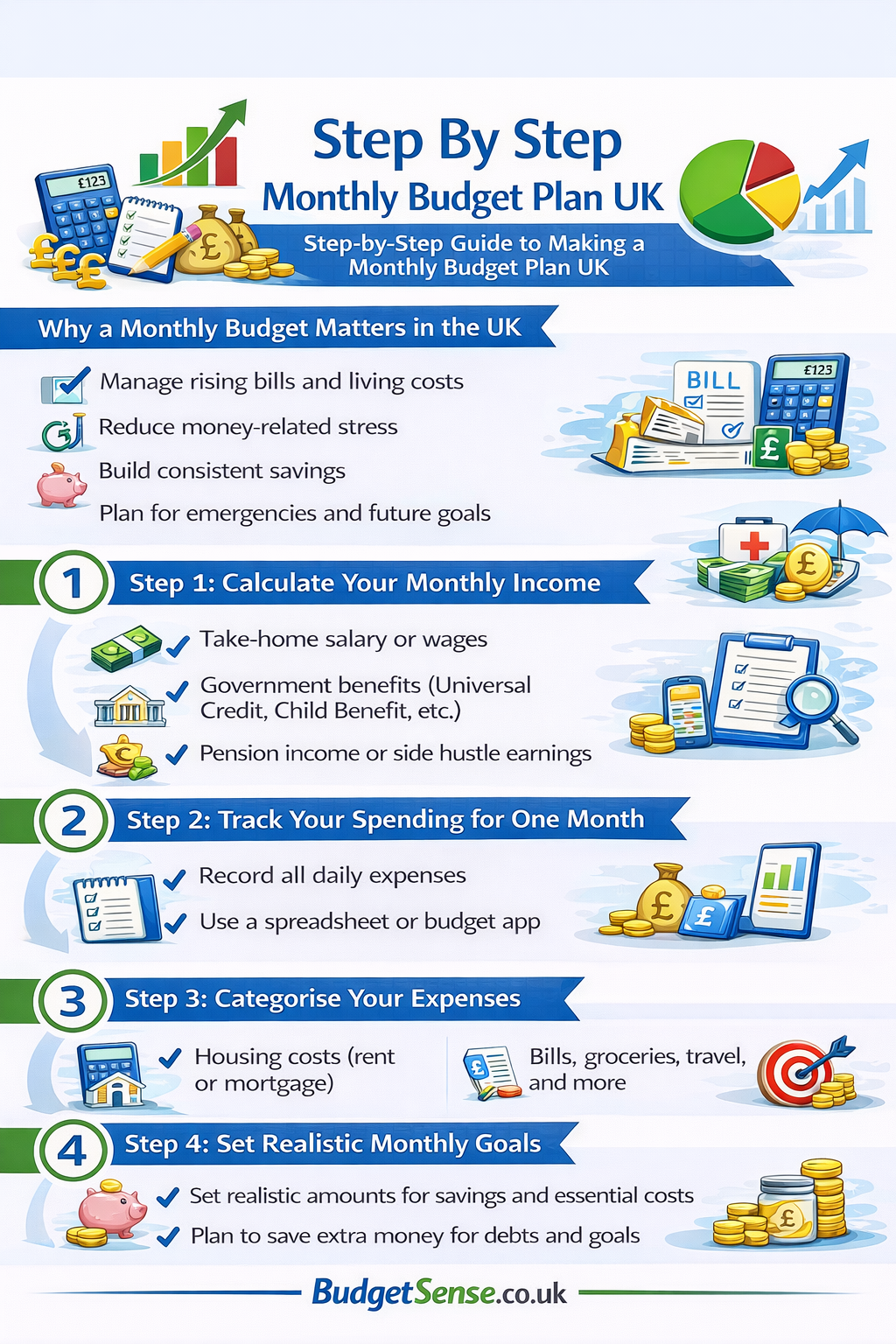 Infographic summarizing key points from the article Monthly Budget Plan UK Guide | BudgetSense.co.uk