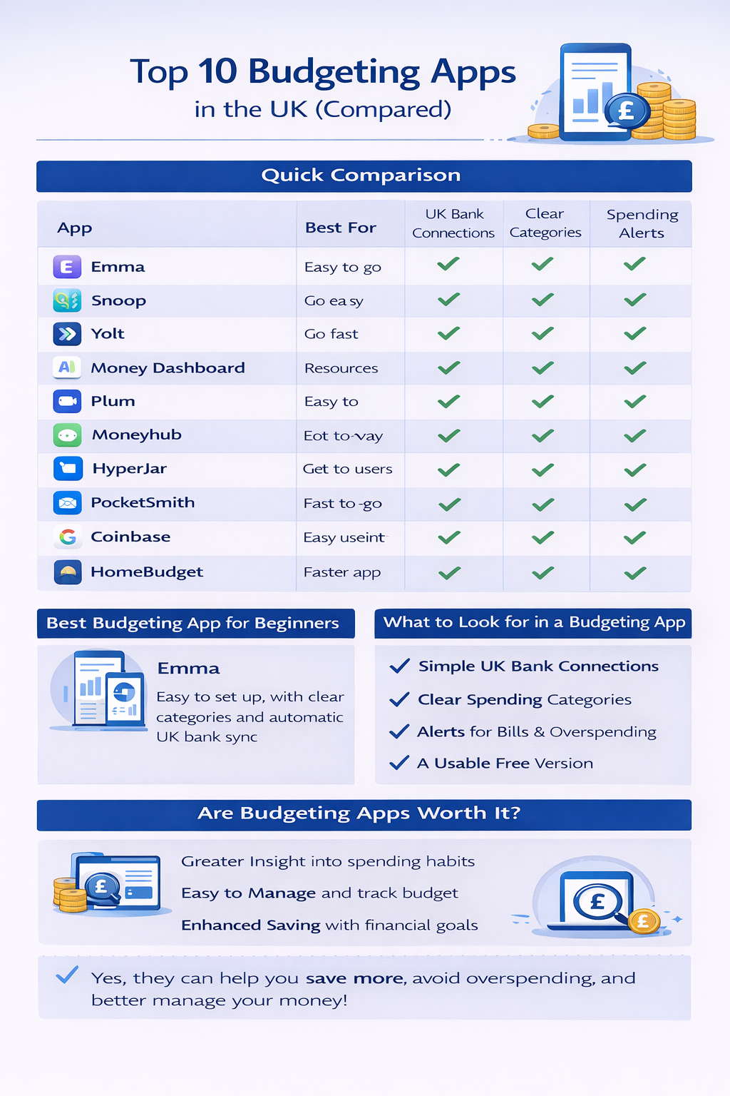 Infographic summarizing key points from the article Top 10 Budgeting Apps UK | BudgetSense.co.uk