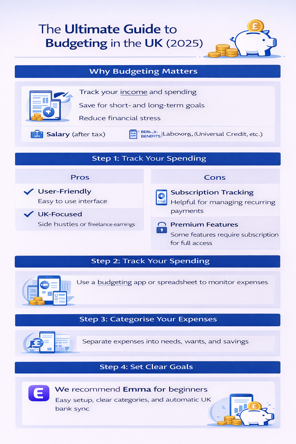 Infographic summarizing key points from the article Ultimate Guide To Budgeting UK | BudgetSense.co.uk